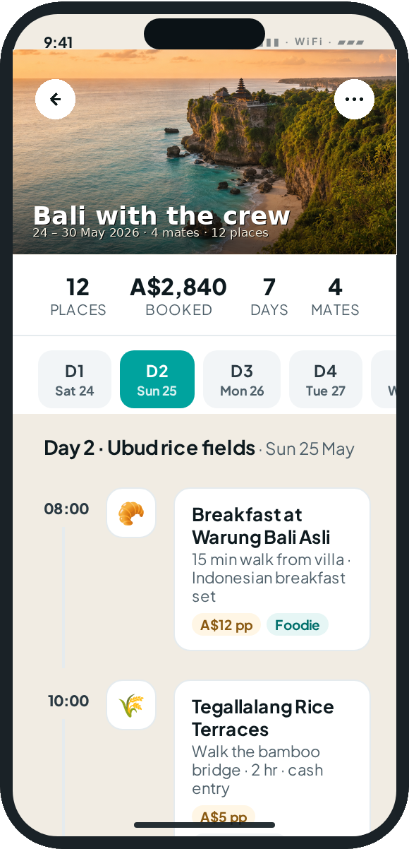 Tripbuds day view showing itinerary, map and Buds