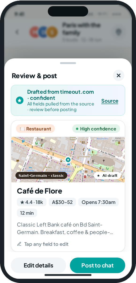 Tripbuds extracting a restaurant from a shared link