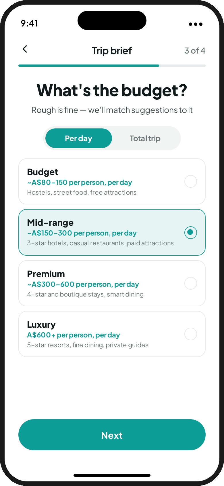 Tripbuds trip brief asking 'What's the budget?' with Per day and Total trip tabs and Budget, Mid-range, Premium and Luxury options