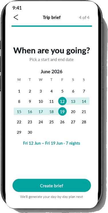 Tripbuds trip brief asking when you're going, with June 2026 calendar showing 12-19 June selected