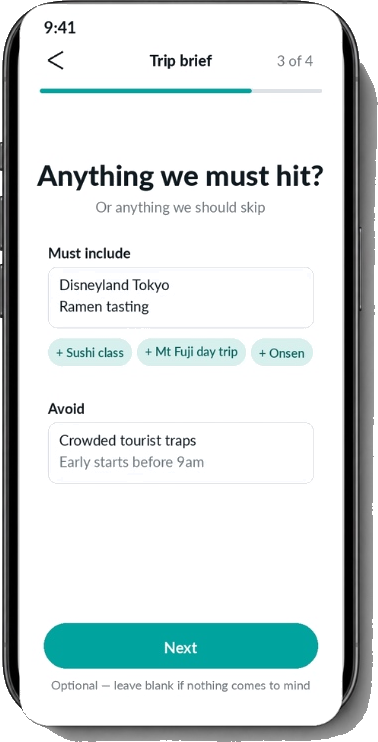 Tripbuds trip brief asking 'Anything we must hit?' with Must include and Avoid lists for Tokyo