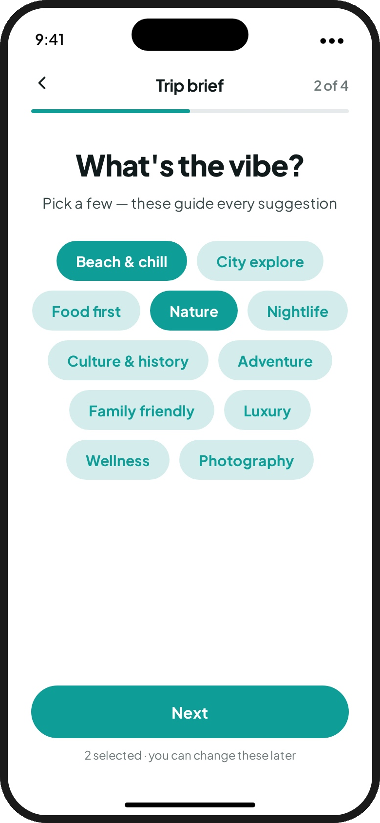 Tripbuds trip brief asking 'What's the vibe?' with chips like Beach & chill, Nature, Food first, Culture & history
