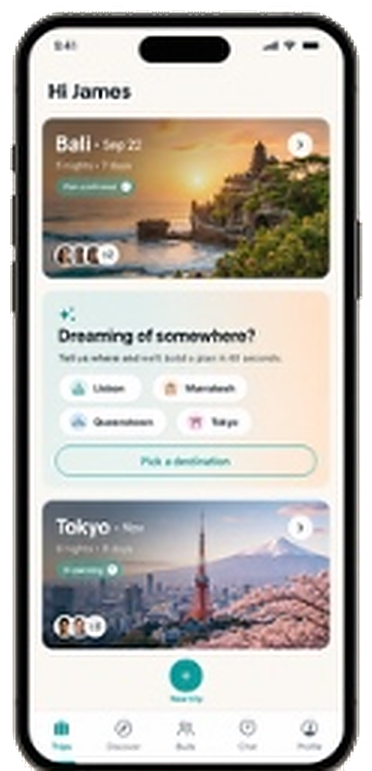 Tripbuds My trips home screen with saved trips and a destination prompt