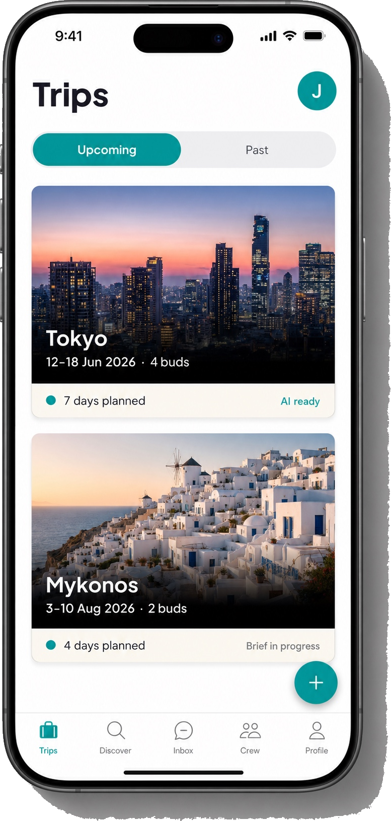 Tripbuds Trips tab showing upcoming Tokyo and Mykonos trips