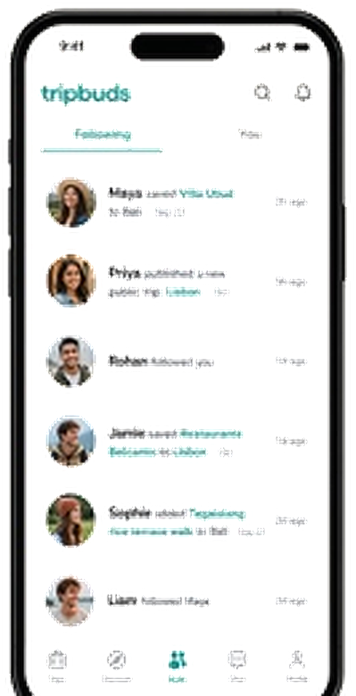 Tripbuds activity feed showing buds James follows and their trips