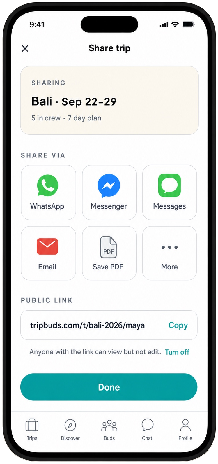 Tripbuds Discover screen with trending destinations to save