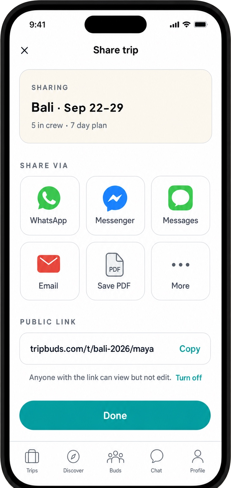 Tripbuds share trip sheet for Bali Sep 22-29 with WhatsApp, Messenger, Messages, Email, Save PDF and a public tripbuds.com link