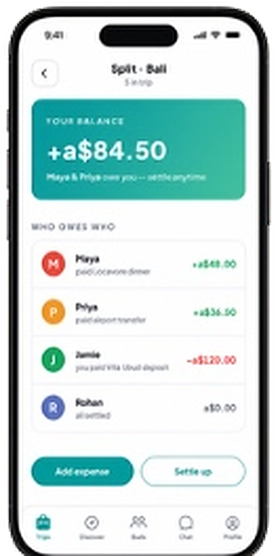 Tripbuds split-pay summary showing who owes who, with Settle up