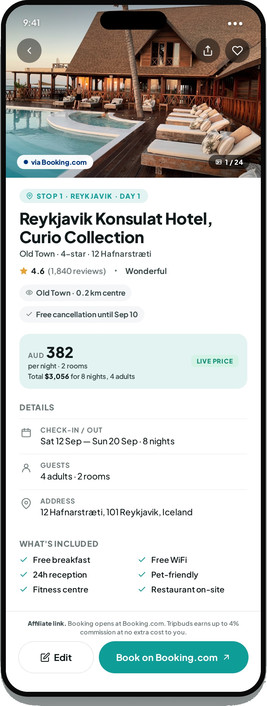 Tripbuds stay detail for Reykjavik Konsulat Hotel showing live AUD price, what's included, and Book on Booking.com button