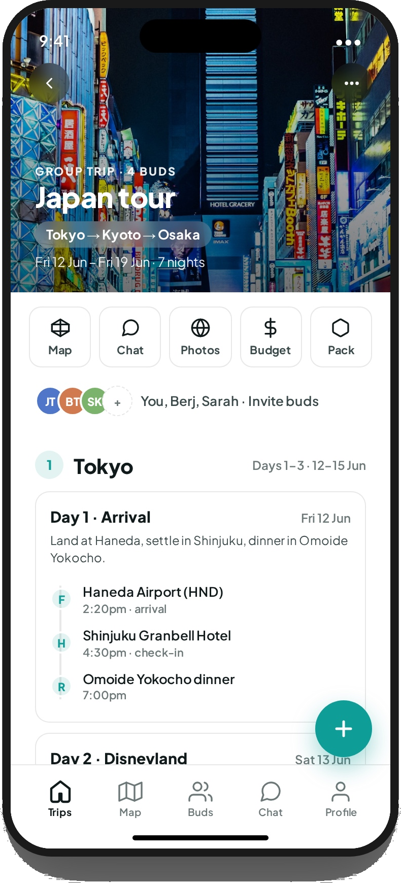 Tripbuds trip detail for Japan tour with Map, Chat, Photos, Budget and Pack chips, plus a Day 1 Arrival itinerary