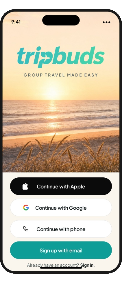 Tripbuds welcome screen with Continue with Apple, Google, phone and email